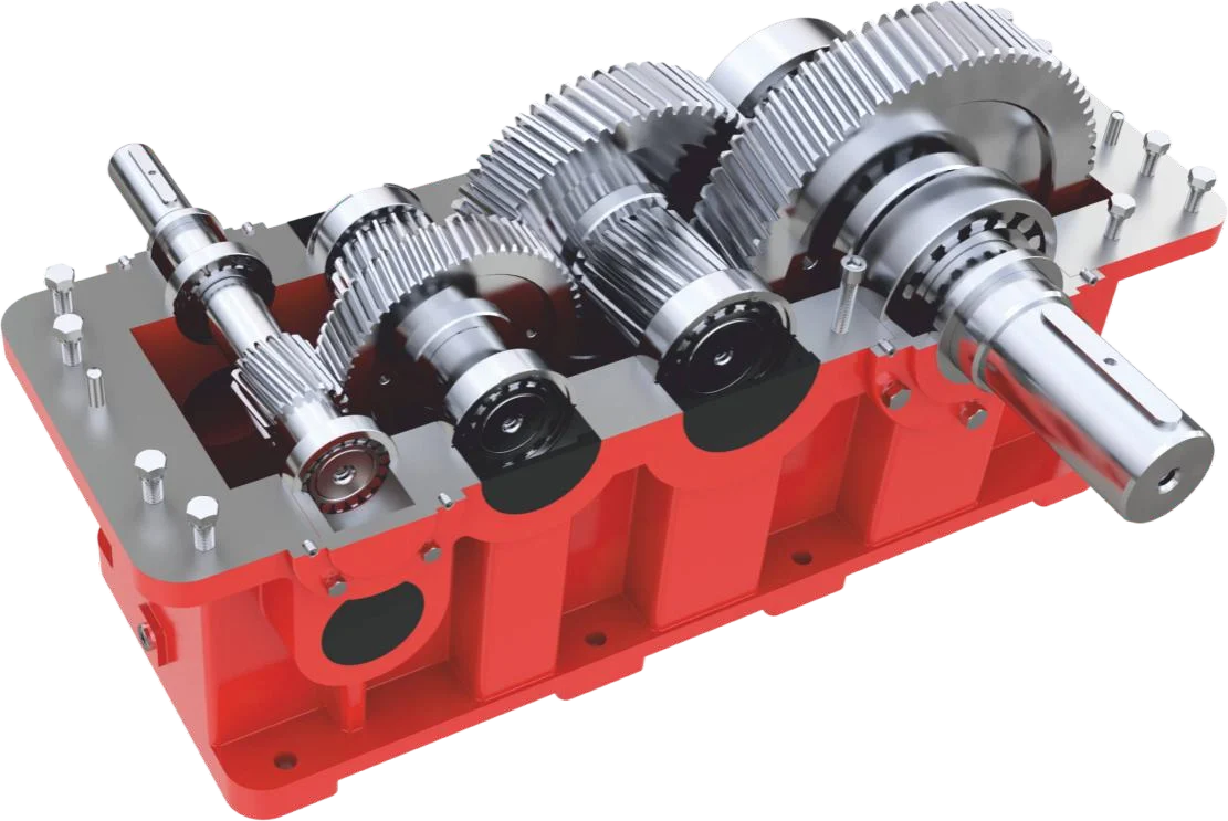 Cutaway of a J.S. Gear crane duty gearbox showing helical gears, roller bearings, shafts and housing