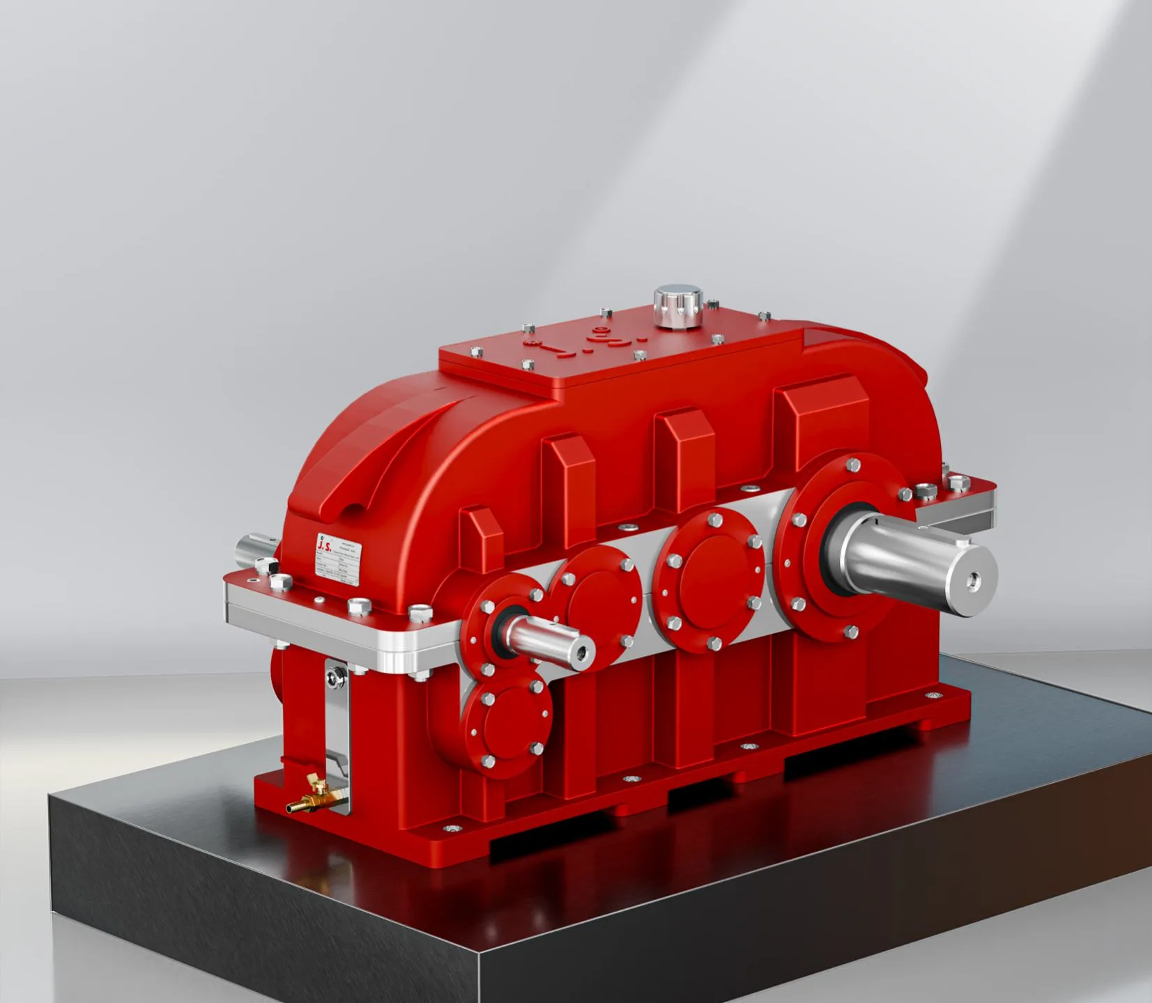 J.S. Gear HC series three-stage crane duty helical gearbox in red cast iron housing
